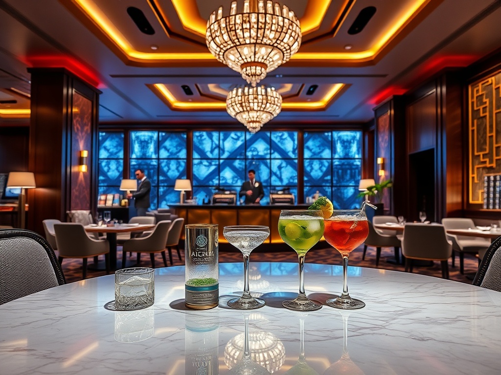 "luxury casino hotel lobby" with "warm concierge welcome" "premium dining table" "fresh wellness mineral water" "colorful health cocktail" "soft modern lighting"