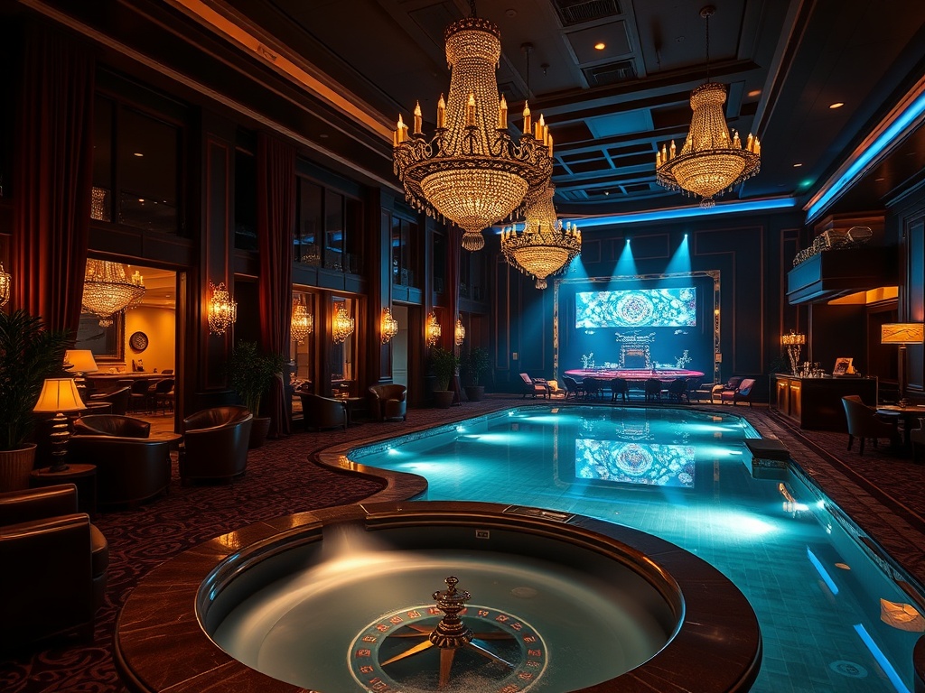"A luxurious casino-hotel scene at night with glowing chandeliers, elegant suites windows, velvet lounges, a relaxing spa pool, and a distant roulette-lit entertainment hall atmosphere, cinematic lighting"