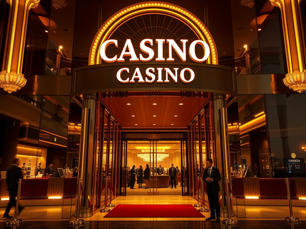 A glamorous casino hotel entrance at night, warm golden lighting, elegant lobby reflections, velvet ropes, stylish guests in background, luxury suite glimpse, modern skyline. "