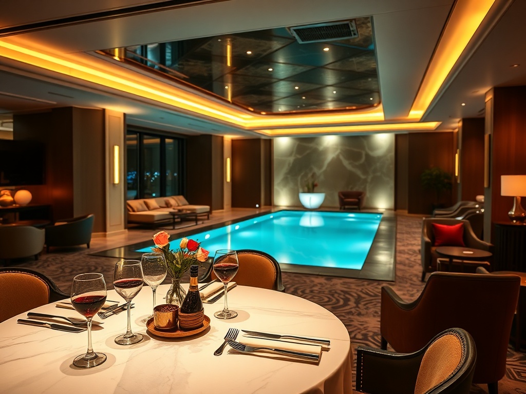 “luxe modern casino hotel interior lounge” “elegant suite view” “warm gourmet dining table” “serene spa pool light” “soft neon ambiance” “relaxation atmosphere”