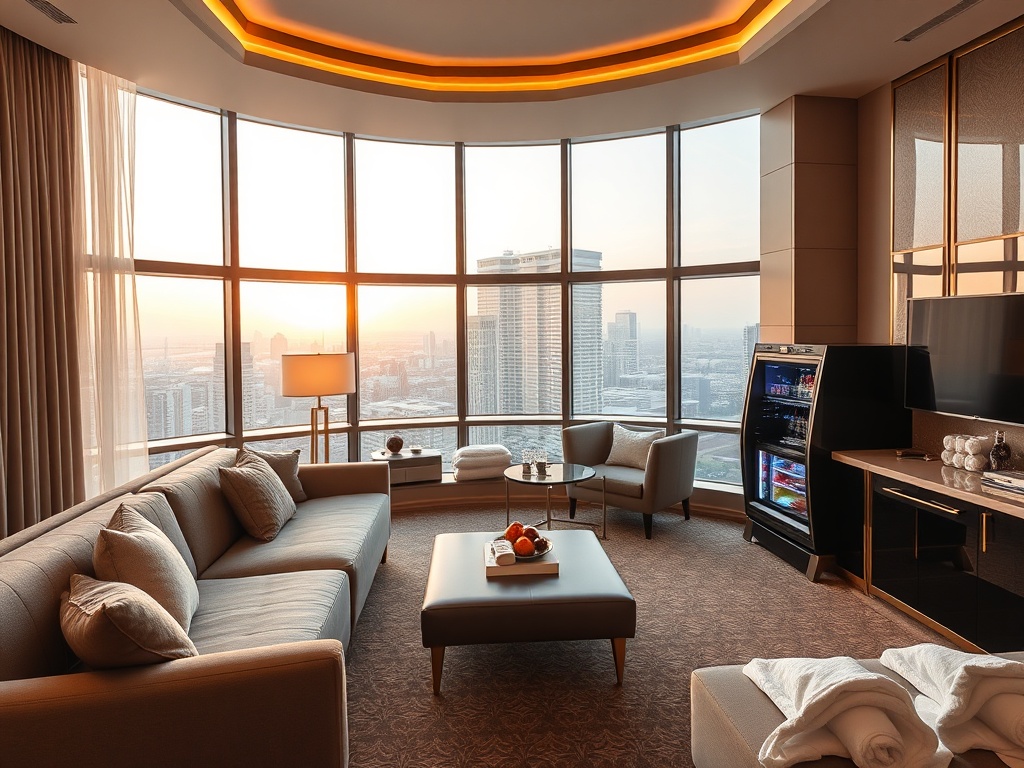 Luxurious casino hotel suite with panoramic windows, plush sofa, elegant lighting, subtle gold accents, inviting minibar, soft robes, serene spa ambiance.