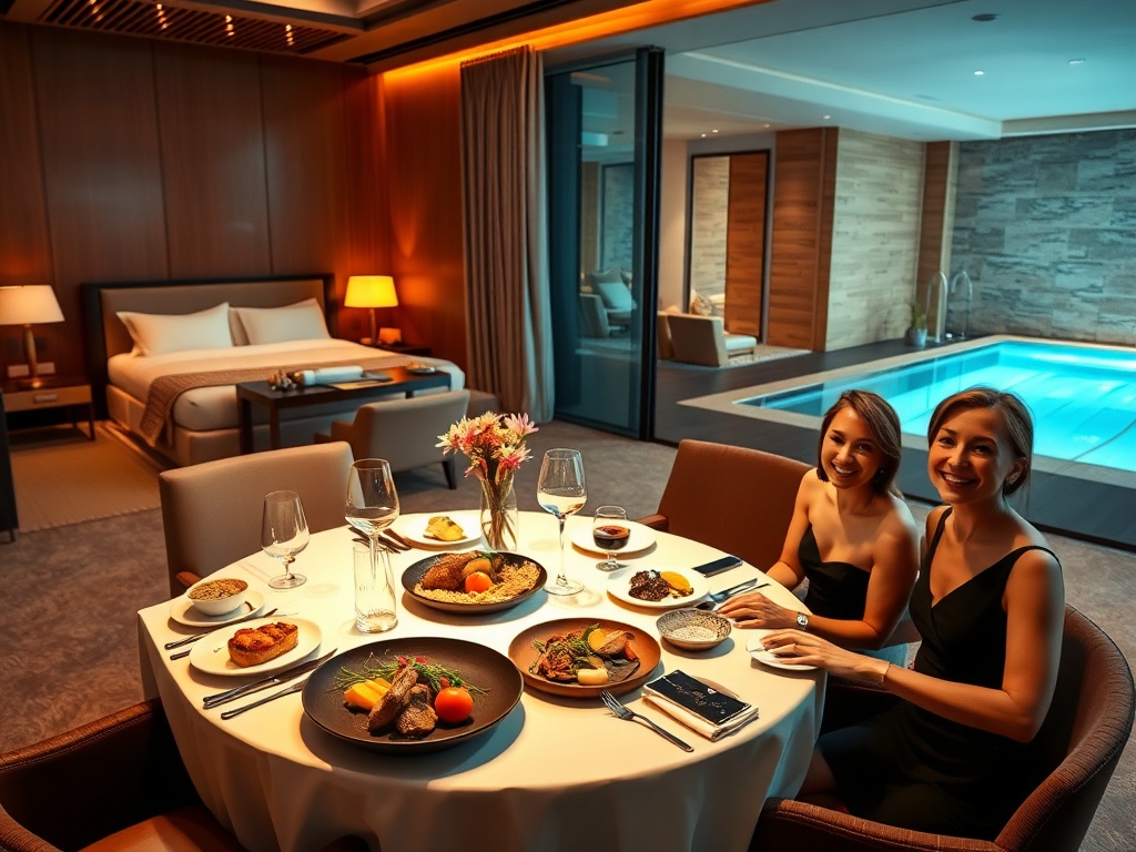 "luxury suite with warm lighting" "inviting restaurant table with gourmet dishes" "modern spa lounge with dry sauna and wet pool" "elegant guests smiling"