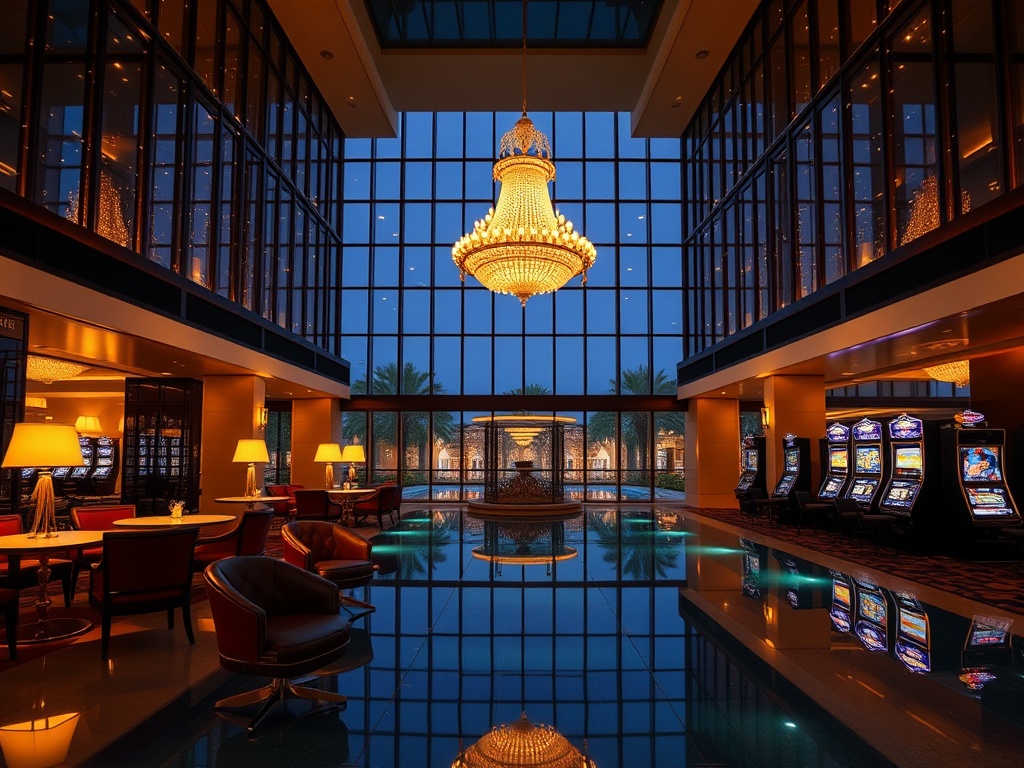 "luxury casino hotel hero scene, grand glass lobby at night, warm chandeliers, elegant lounge chairs, soft golden light, distant slot machines silhouettes, serene pool glow, modern resort atmosphere" "no text, no logos"