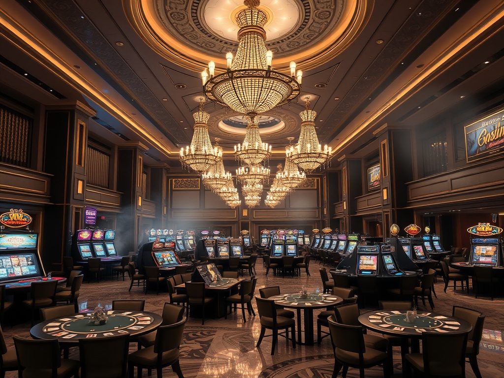 A luxurious casino hotel interior at night, glowing chandeliers, elegant gaming tables, plush seating, marble floors, distant spa steam, inviting warm ambiance.