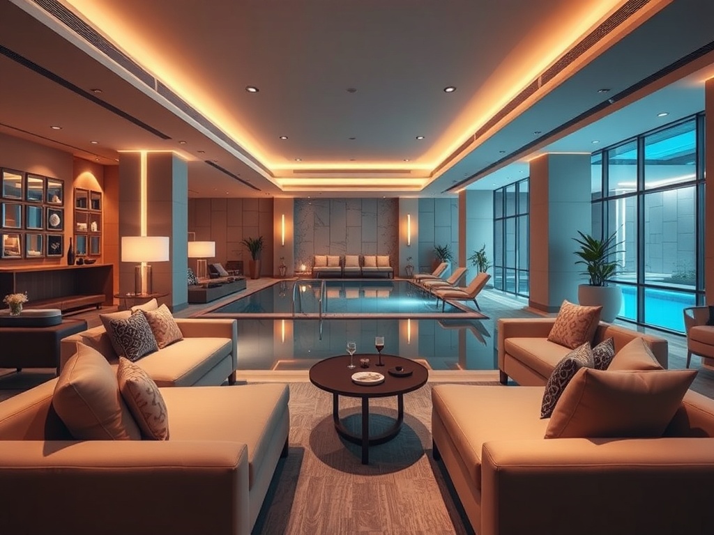 A contemporary casino hotel lounge blending "spa relaxation" and "luxury"
