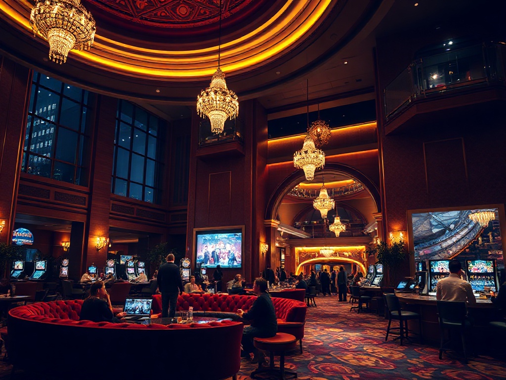 A luxurious casino hotel lobby at night, velvet sofas, warm golden lights, elegant bar glow, distant stage lights, serene travelers relaxing, modern resort ambiance.