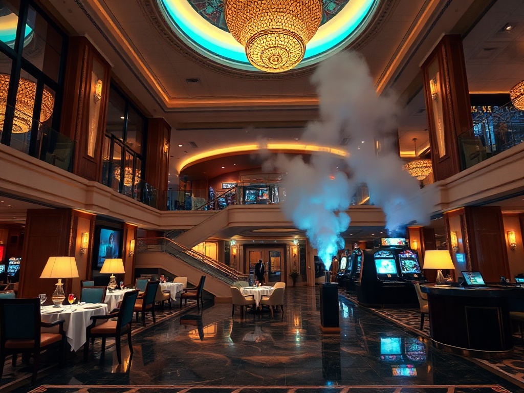 A luxury casino hotel lobby blending “gourmet dining” glow, “spa relaxation” steam haze, “welcoming” concierge lighting, and elegant resort interiors at night.