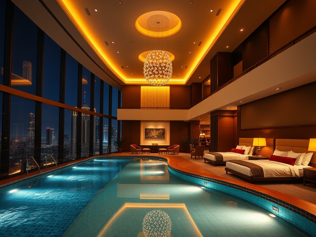 "modern casino hotel resort" "glowing lounge lights" "elegant lobby" "night skyline" "sparkling infinity pool" "luxury beds" "warm attentive hospitality atmosphere"