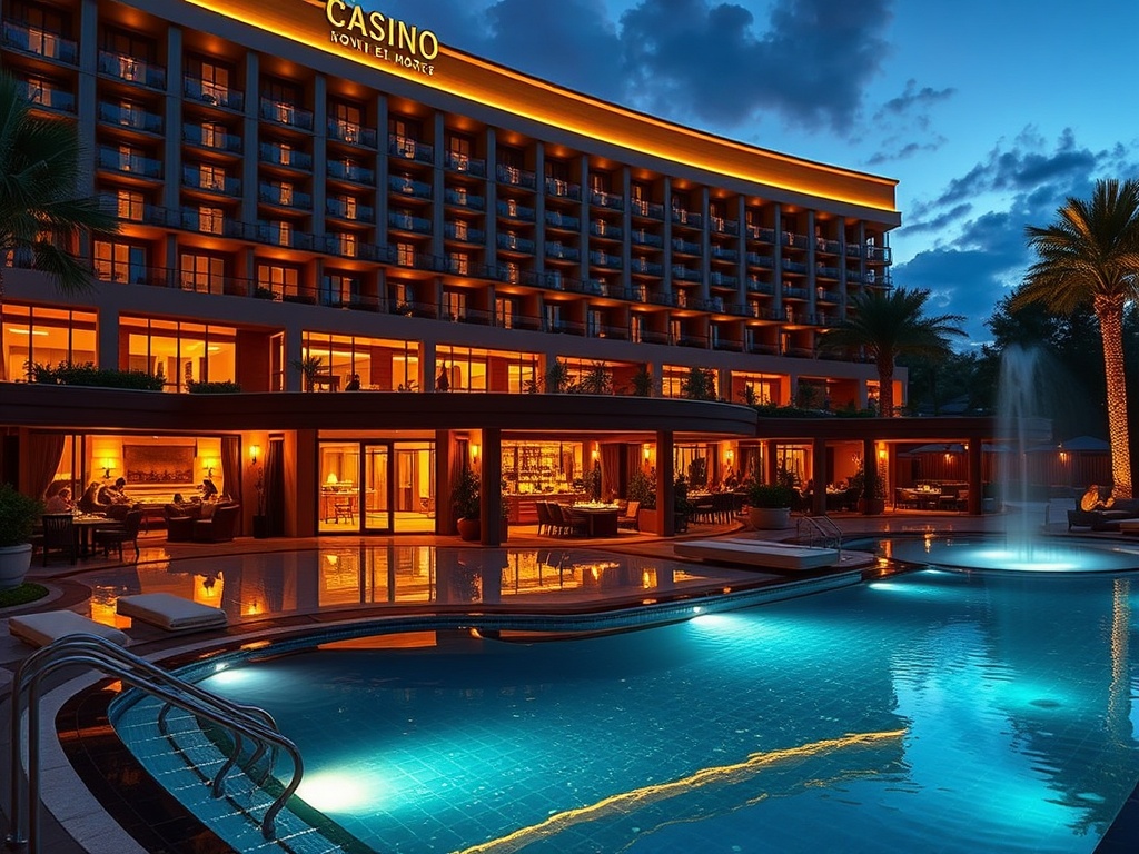 A luxurious modern casino hotel resort at dusk, warm valet-lit entrance, elegant lounge glow, sparkling pool and spa steam, gourmet dining ambiance, guests relaxing, inviting nature backdrop.