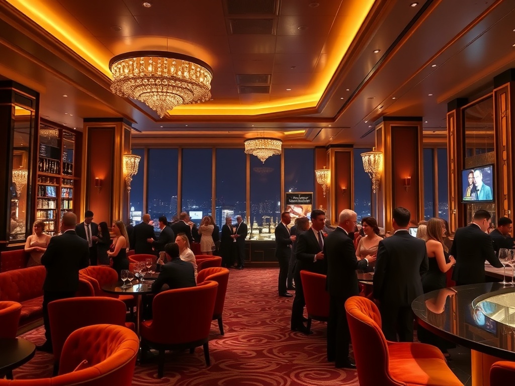 A glamorous nighttime casino hotel lounge, elegant guests in smart attire, warm golden lighting, velvet seating, sparkling bar, subtle spa glow, joyful celebratory atmosphere.