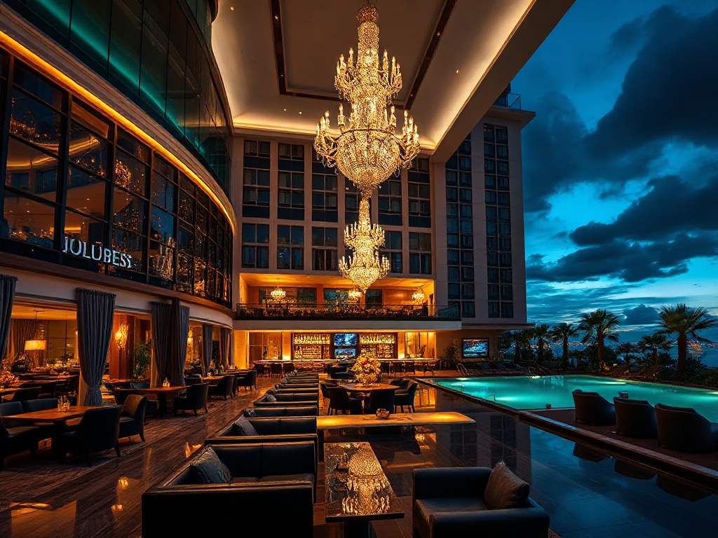 "A luxurious modern casino hotel at night, glowing chandeliers, elegant lounge silhouettes, lively bar lights, panoramic suites, velvet curtains, subtle pool reflections." You MUST not include ANY brand images or logos. You may ONLY reply with the format 