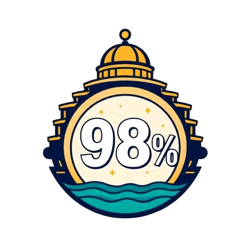 Carefully describe an image in great detail that needs to be generate, use quotes to split visual things. "casino" "gourmet" "98%" a stylized resort emblem combining a simplified casino façade silhouette with a domed cloche and fork icon, plus a circular