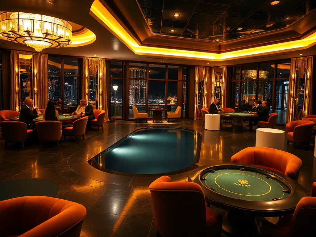 A modern luxury casino hotel interior lounge at night, golden lighting, velvet sofas, subtle poker tables glow, elegant guests silhouettes, relaxing ambiance, pool lights beyond.