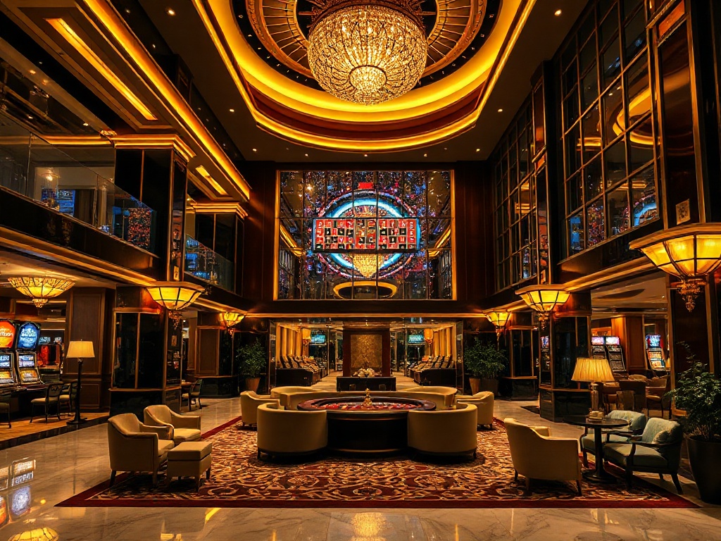 Luxurious casino hotel lobby at night, golden ambient lights, elegant guest lounge with plush seating, soft glass reflections, distant roulette glow, inviting entrance.
