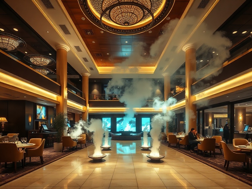 A luxury casino hotel lobby blending “gourmet dining” glow, “spa relaxation” steam haze, “welcoming” concierge lighting, and elegant resort interiors at night.