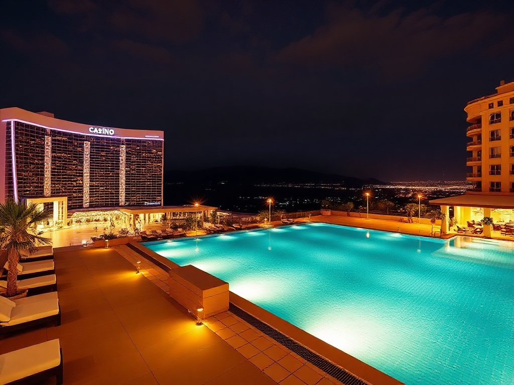 "modern casino hotel resort at night" "glowing entrance" "luxury skyline" "sparkling infinity pool" "stylish lounge lights" "gourmet dining ambiance" "vibrant yet elegant atmosphere"