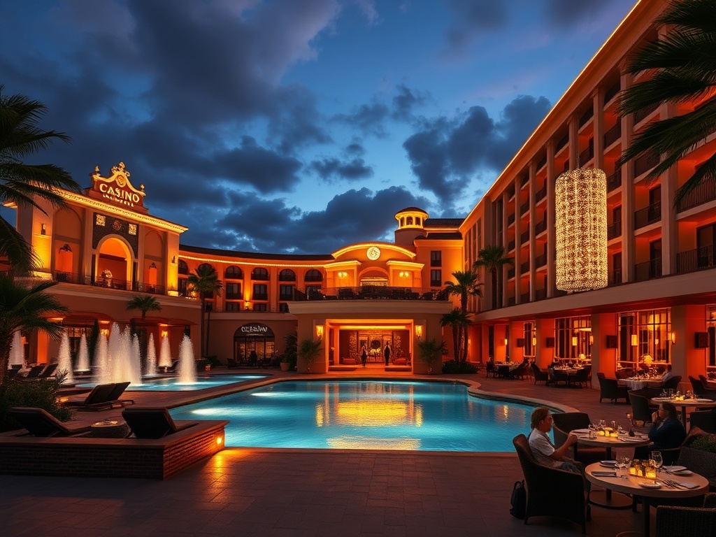 A luxurious modern casino hotel resort at dusk, warm valet-lit entrance, elegant lounge glow, sparkling pool and spa steam, gourmet dining ambiance, guests relaxing, inviting nature backdrop.