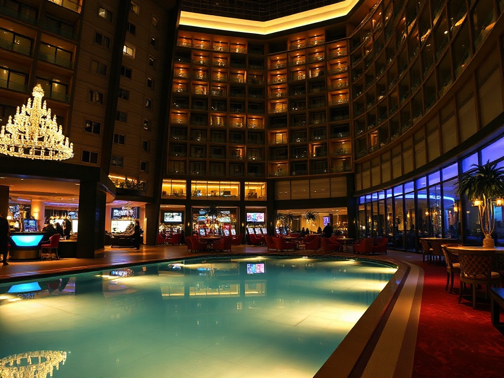 Modern luxury casino hotel resort at night with warm lights, glamorous lounge silhouettes, softly lit pool reflections, velvet sofas, elegant interior atmosphere, no logos.