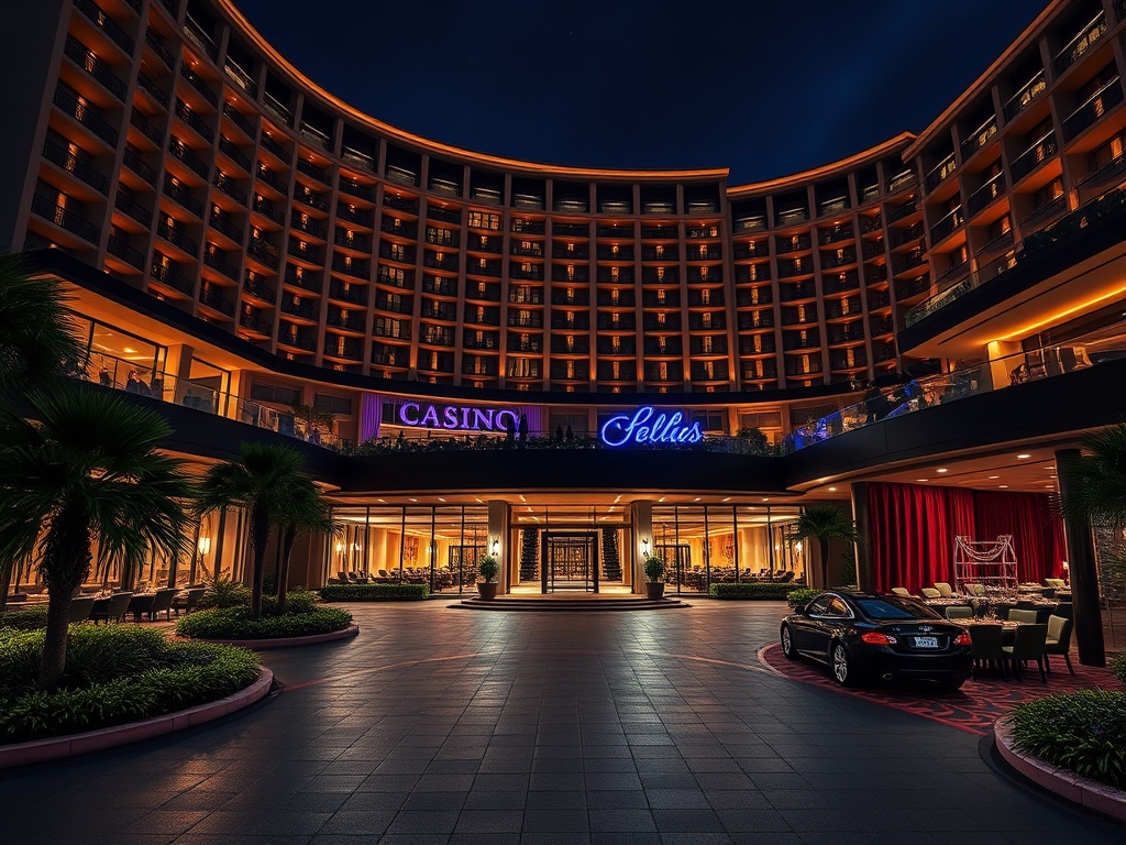 A luxurious modern casino hotel at night, glowing windows, elegant valet driveway, panoramic suite balcony, velvet lounge silhouettes, warm spa lights, gourmet dining ambience.