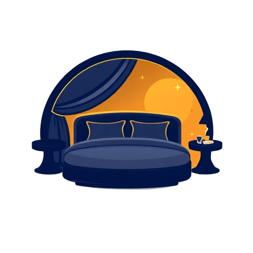 Carefully describe an image showing a stylized luxury total-experience emblem with a “luxe” atmosphere, featuring a simplified hotel-suit bed silhouette merged with glamorous casino lighting hints, a subtle wellness/spa glow accent, a welcoming curved