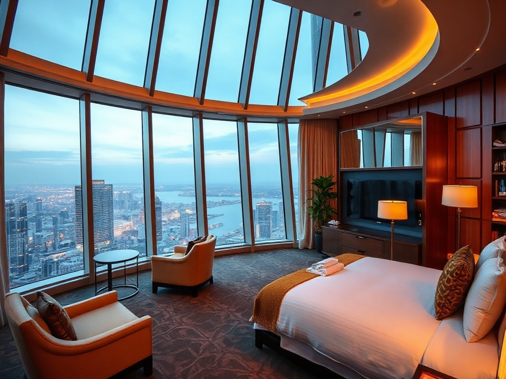 "luxury casino hotel suite with panoramic windows" "warm ambient lighting" "elegant gaming lounge glow" "serene spa steam" "gourmet dining ambiance" .