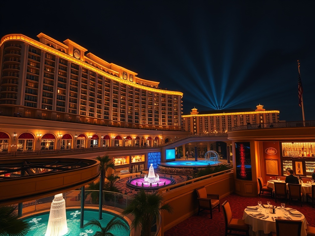 A luxurious casino hotel resort at night, warm lights, grand suites balcony, serene spa glow, elegant lounge, live show stage, gourmet dining.
