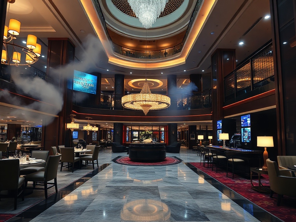 A luxury casino hotel lobby blending “gourmet dining” glow, “spa relaxation” steam haze, “welcoming” concierge lighting, and elegant resort interiors at night.