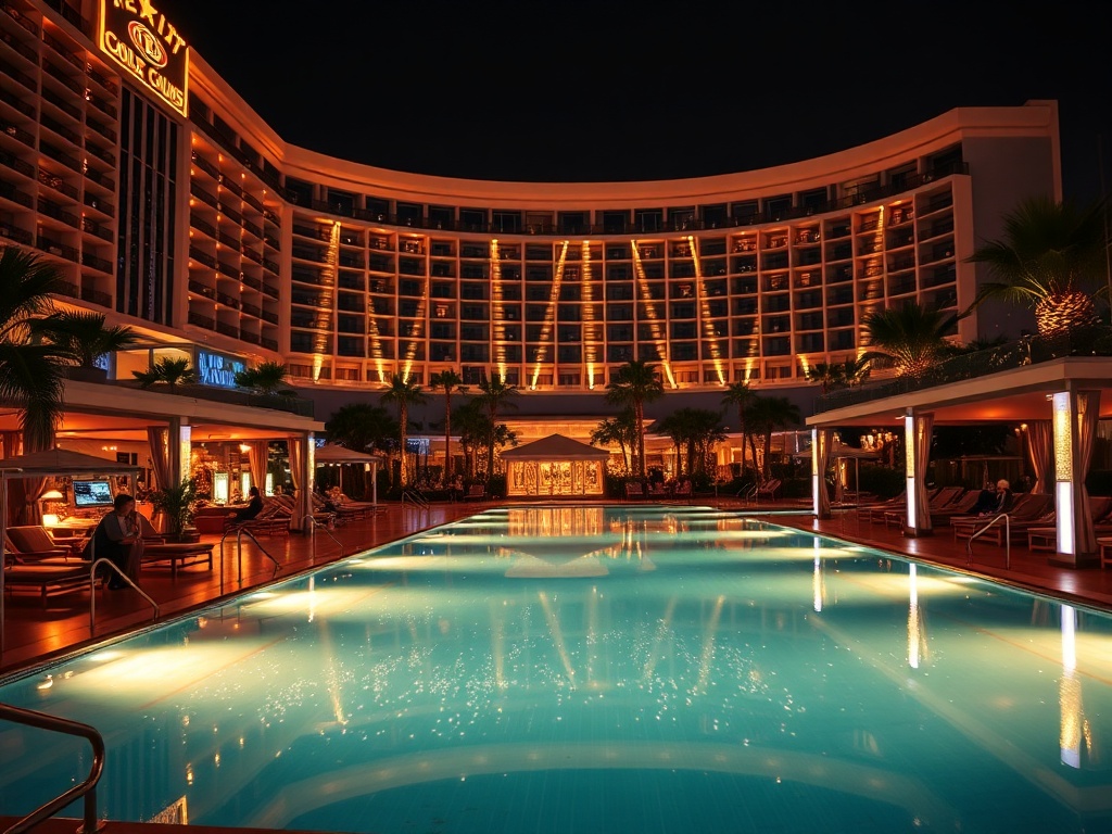 A luxurious casino hotel resort at night with warm lights, a sparkling poolside lounge, elegant cabanas, soft music vibe, people relaxing discreetly, refined ambiance.