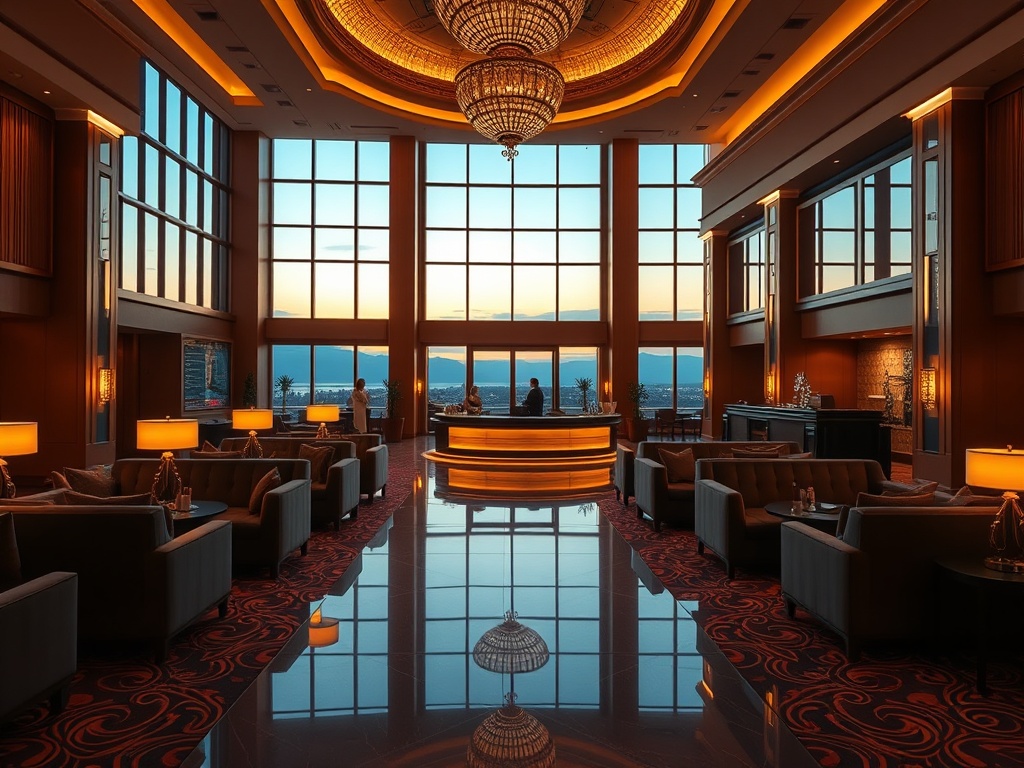 A luxurious casino hotel lobby at dusk, velvet lounges, warm golden lighting, elegant reception desk, plush seating, serene spa entrance, panoramic windows.