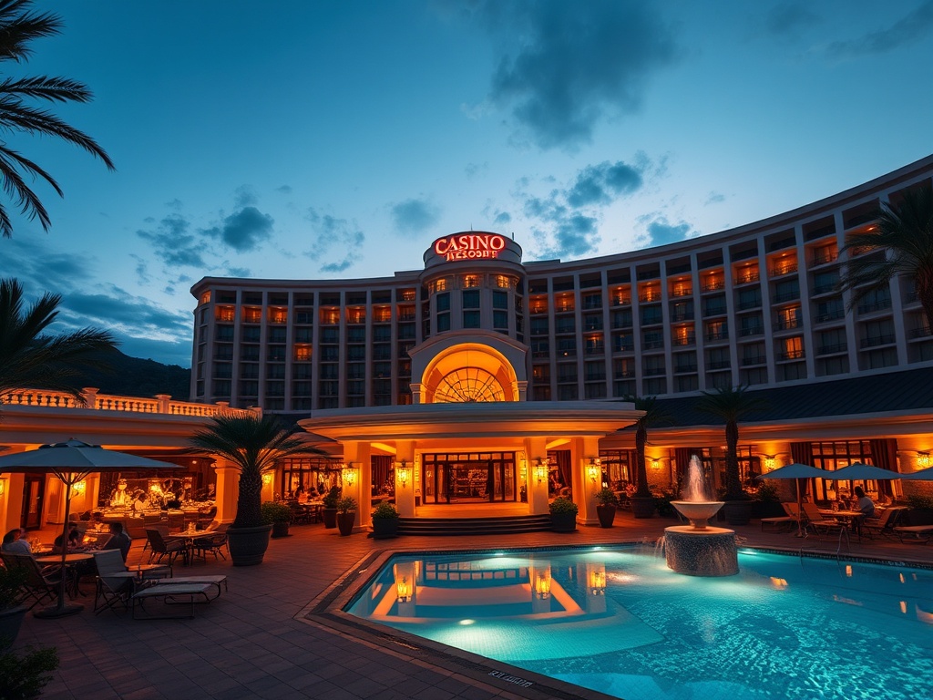 A luxurious modern casino hotel resort at dusk, warm valet-lit entrance, elegant lounge glow, sparkling pool and spa steam, gourmet dining ambiance, guests relaxing, inviting nature backdrop.