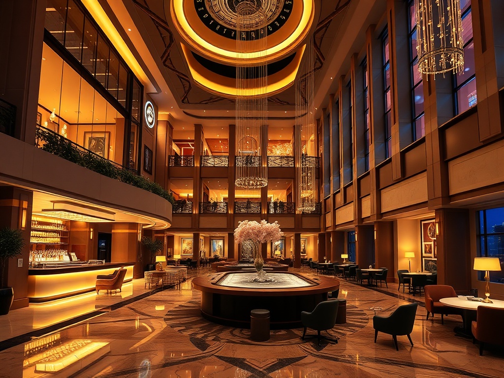 A glamorous modern casino hotel lobby blending warm lighting, plush suite balcony, elegant bar glow, serene spa steam, and gourmet plating, night atmosphere.