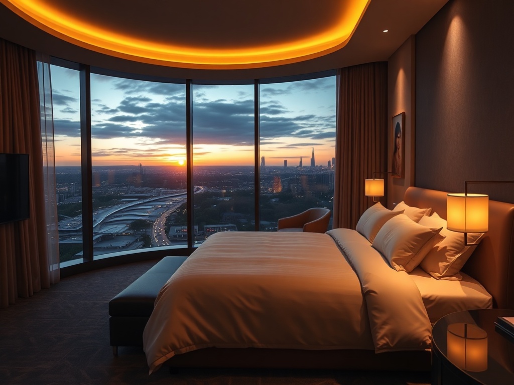"Modern luxury hotel suite interior at dusk, warm ambient lighting, plush bed with crisp linens, panoramic window glow, subtle casino-style ambience, elegant decor, serene mood" "high-end cinematic lighting, shallow depth of field, ultra realistic"
