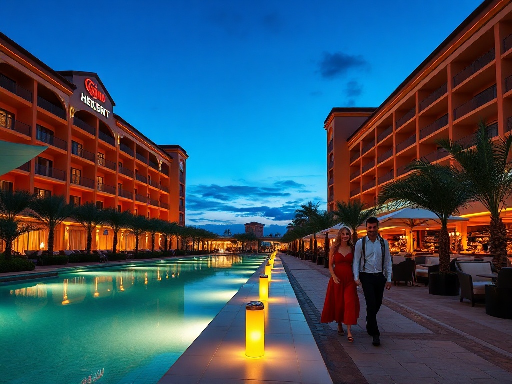 "modern casino hotel resort at dusk" "luxury pool glowing with lanterns" "elegant lounge with warm lights" "smiling couple walking"