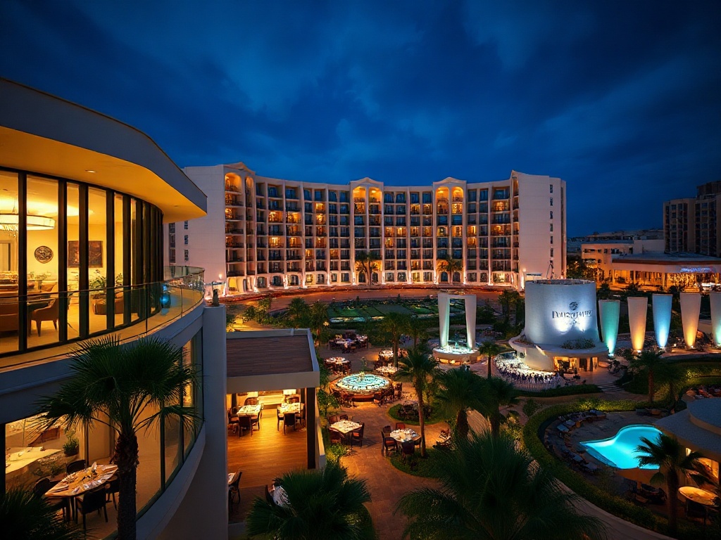 A luxurious modern resort hotel at night, elegant suite balcony glow, gourmet dining scene, serene spa steam, lively casino lights.