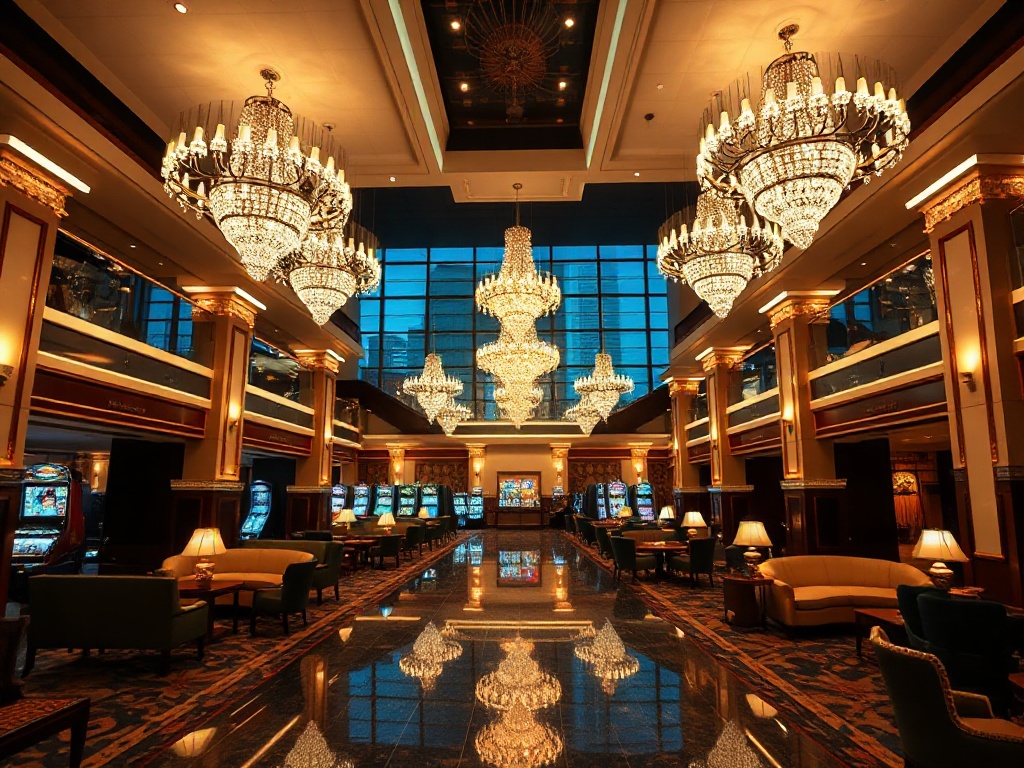 A luxurious modern casino hotel lobby at night, warm lighting, elegant seating, sparkling chandeliers, distant gaming glow, serene wellness vibe. panoramic view.