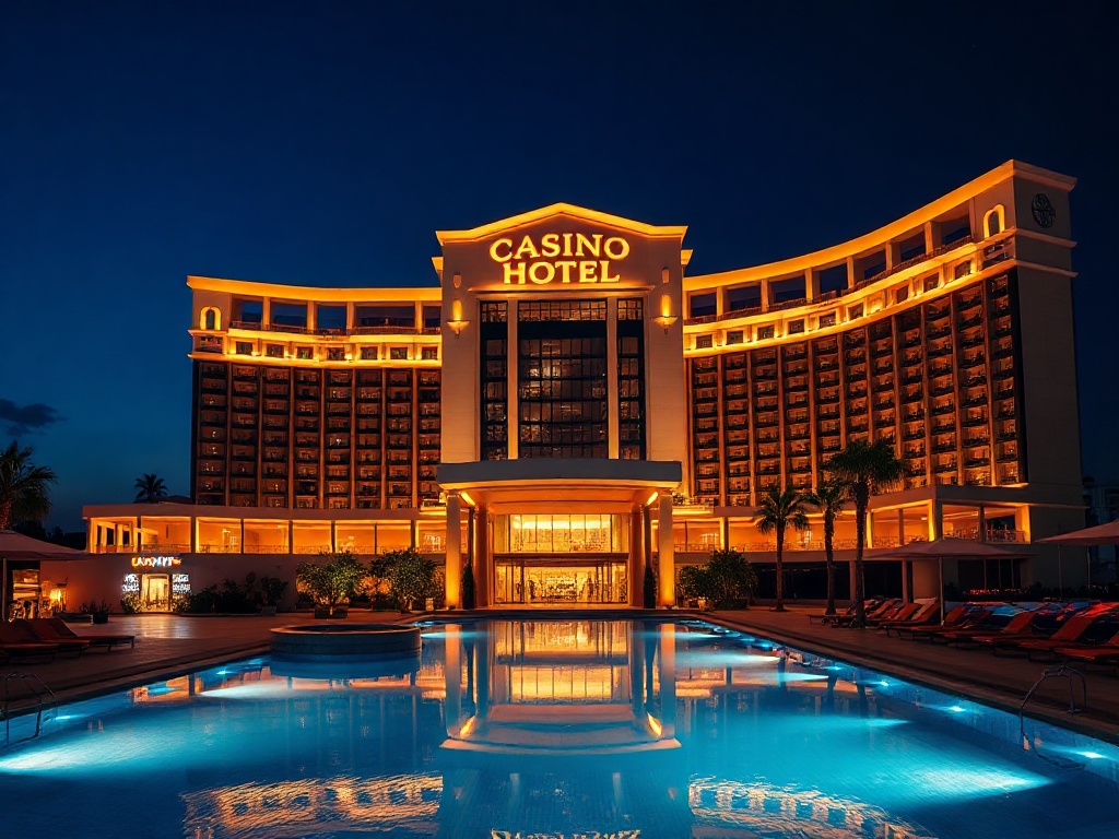 A luminous modern casino hotel at night, grand entrance with warm lights, elegant pool terrace, cinematic reflections."