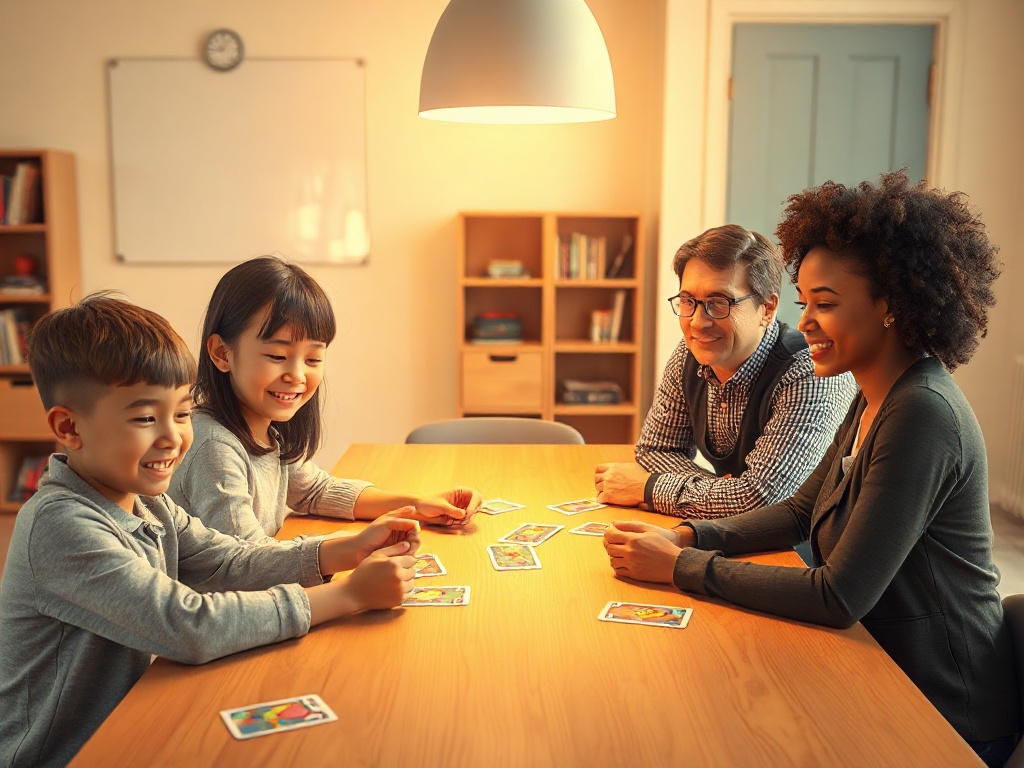 “Warm classroom table scene” “four diverse children and adults smiling” “playing colorful card game” “gentle light” “thoughtful conversation atmosphere” “subtle heart-shaped glow”