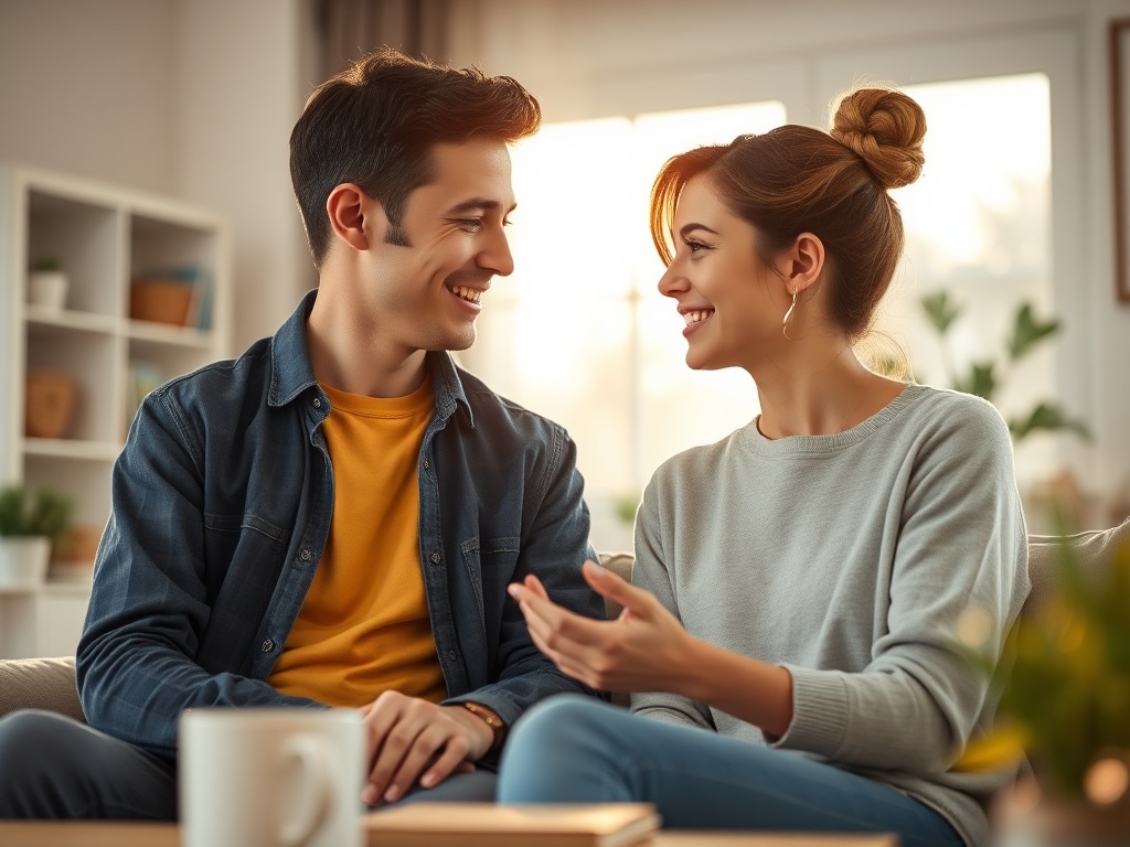 "warm home interior" "an empathetic parent and high-school teen in calm conversation" "soft morning light" "subtle supportive symbols" "cheerful uplifting mood" "shallow depth of field"
