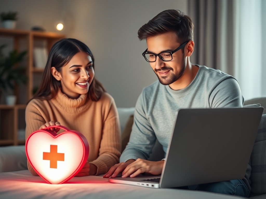 “calm online trainer guiding a parent and high-school teen” “soft heart-shaped first-aid kit” “glowing laptop screen” “gentle reassurance atmosphere”