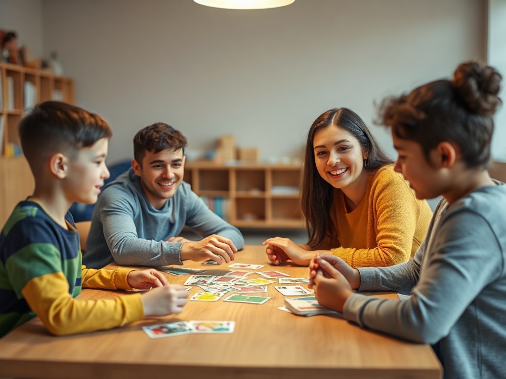 “Warm classroom table scene” “four diverse children and adults smiling” “playing colorful card game” “gentle light” “thoughtful conversation atmosphere” “subtle heart-shaped glow”