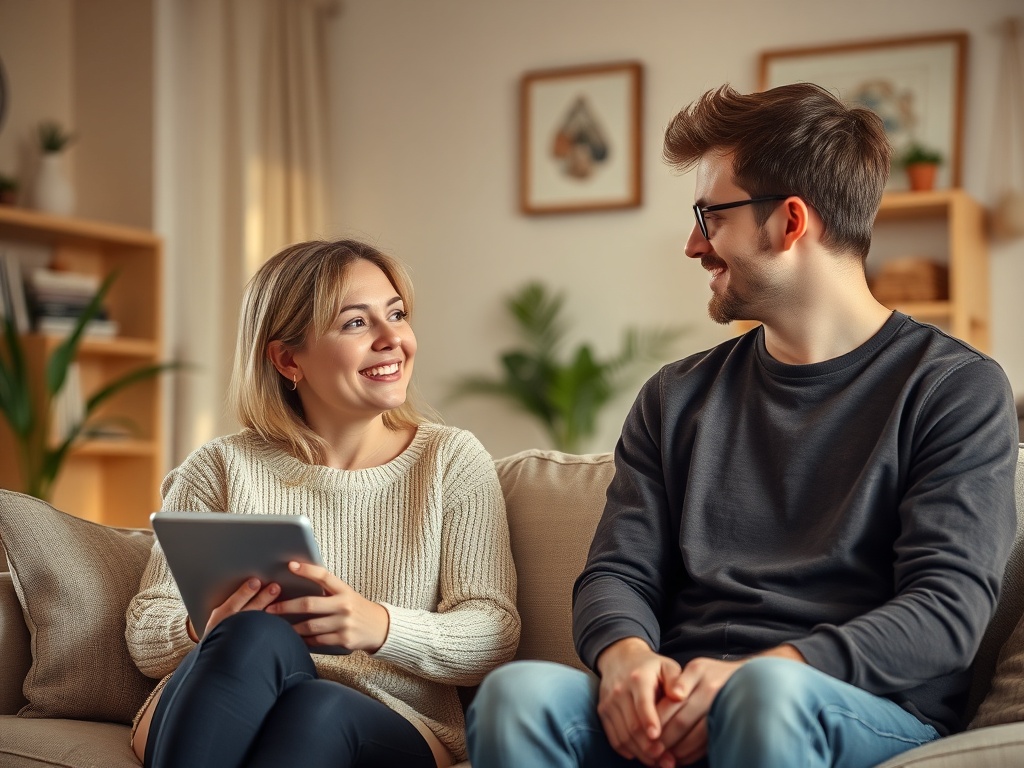 "warm home interior" "an empathetic parent and high-school teen in calm conversation" "soft morning light" "subtle supportive symbols" "cheerful uplifting mood" "shallow depth of field"