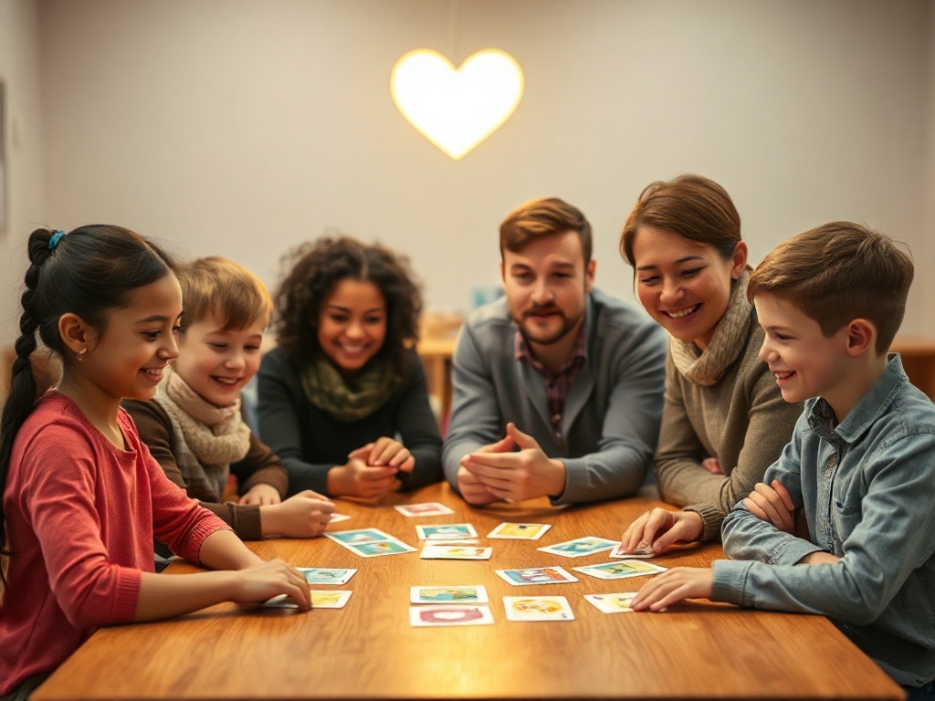 “Warm classroom table scene” “four diverse children and adults smiling” “playing colorful card game” “gentle light” “thoughtful conversation atmosphere” “subtle heart-shaped glow”