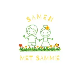 Logo Samen met Sammie, twee kinderen hand in hand bij een gras- bloemenveldje