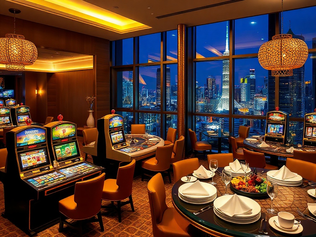Elegant casino hotel interior with golden gaming tables, glowing slots, VIP suite window overlooking Australian skyline, luxury dining table with fine cuisine, nightlife ambiance.