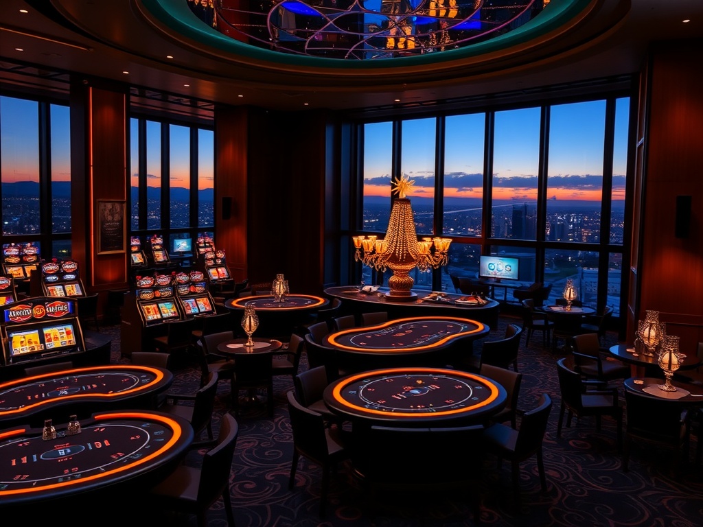 "noir-glam luxury casino interior at dusk", "glowing high-stakes gaming tables", "sleek VIP lounge with plush seating", "five-star suite view windows", "warm upscale nightlife ambiance".