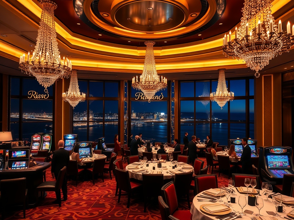 A glamorous luxury casino hotel lobby at night with panoramic Australian coastline lights, elegant VIP guests smiling, sparkling chandeliers, velvet gaming tables, fine dining plates, warm ambience.