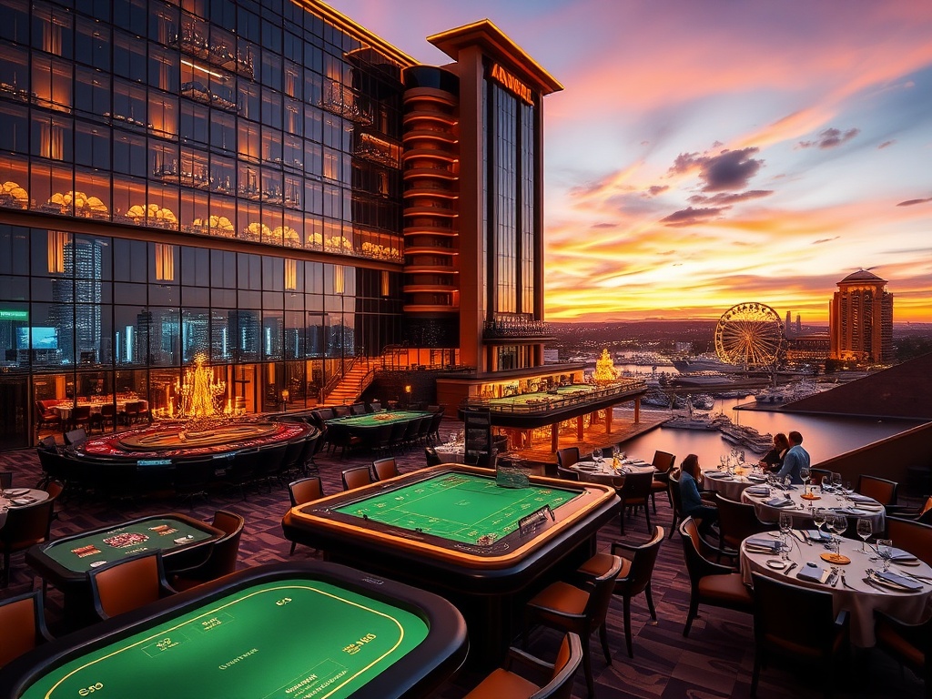 “A glamorous luxury casino hotel at dusk in Australia, glowing high-stakes tables, elegant VIP suite skyline windows, fine dining plates, lively nightlife lounges.”