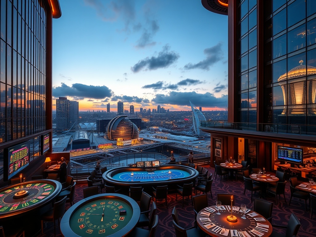 “A glamorous luxury casino hotel at dusk in Australia, glowing high-stakes tables, elegant VIP suite skyline windows, fine dining plates, lively nightlife lounges.”