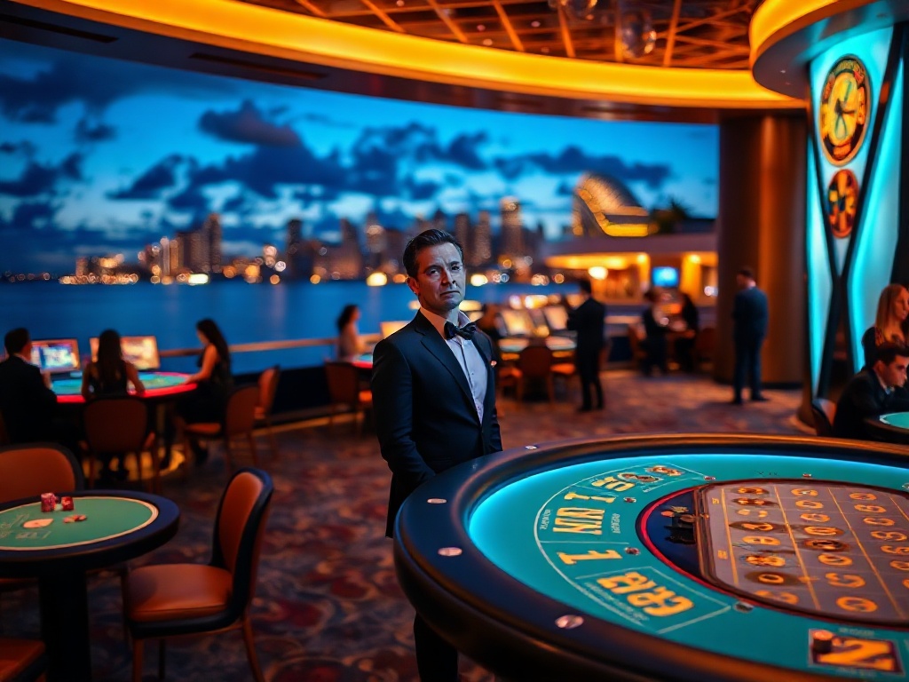 “a glamorous Australian seaside luxury casino at night” “glowing high-stakes gaming tables” “elegant silhouettes in formal attire” “luxury VIP entrance” “bokeh city lights” “cool ocean horizon”