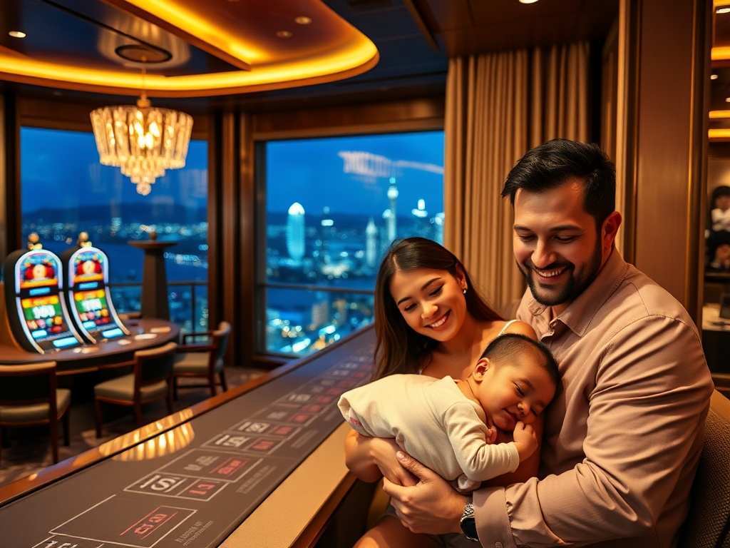 "luxury casino hotel interior" "glowing baccarat and slot lights" "elegant VIP suite balcony view of Australia skyline" "smiling parents cradling sleeping baby" "five-star service ambiance" "cinematic lighting".